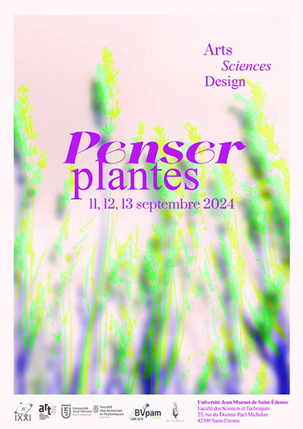 affiche annonçant un colloque texte en violet sur le fond représentant les graminées